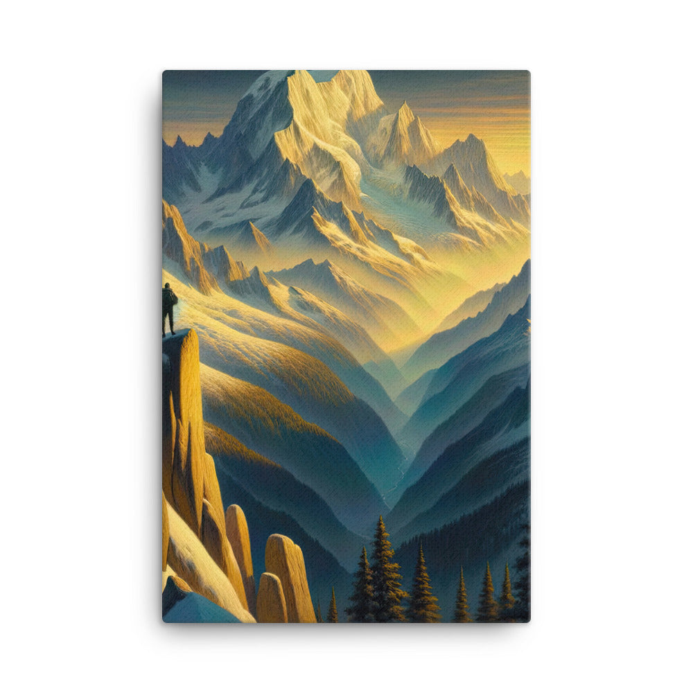 Ölgemälde eines Wanderers bei Morgendämmerung auf Alpengipfeln mit goldenem Sonnenlicht - Leinwand wandern xxx yyy zzz 61 x 91.4 cm