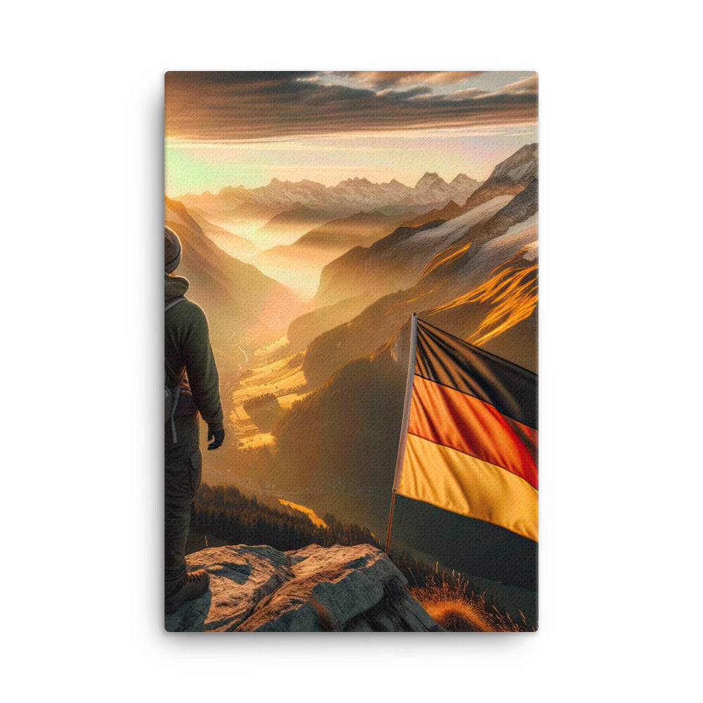 Foto der Alpen bei Sonnenuntergang mit deutscher Flagge und Wanderer, goldenes Licht auf Schneegipfeln - Leinwand berge xxx yyy zzz 61 x 91.4 cm