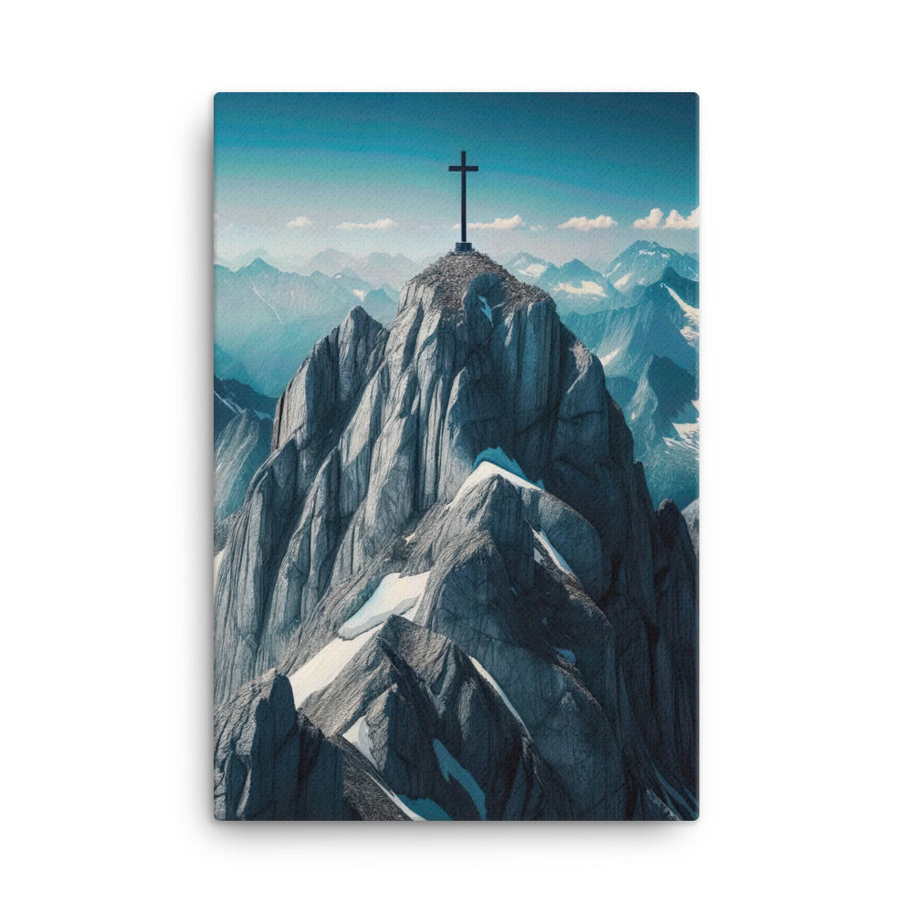 Foto der Alpen mit Gipfelkreuz an einem klaren Tag, schneebedeckte Spitzen vor blauem Himmel - Leinwand berge xxx yyy zzz 61 x 91.4 cm