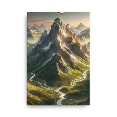 Fotorealistisches Bild der Alpen mit österreichischer Flagge, scharfen Gipfeln und grünen Tälern - Leinwand berge xxx yyy zzz 61 x 91.4 cm