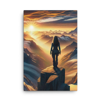 Fotorealistische Darstellung der Alpen bei Sonnenaufgang, Wanderin unter einem gold-purpurnen Himmel - Leinwand wandern xxx yyy zzz 61 x 91.4 cm