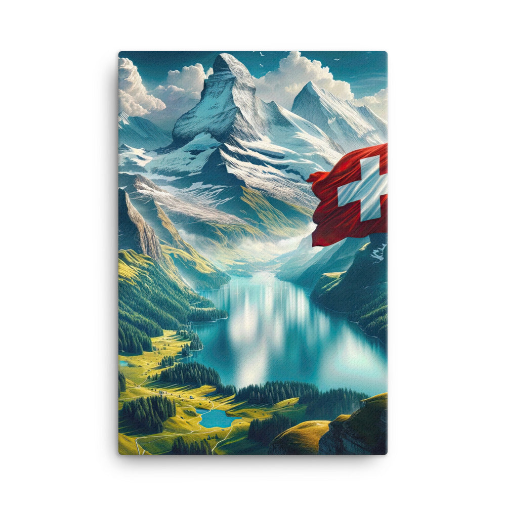 Ultraepische, fotorealistische Darstellung der Schweizer Alpenlandschaft mit Schweizer Flagge - Leinwand berge xxx yyy zzz 61 x 91.4 cm