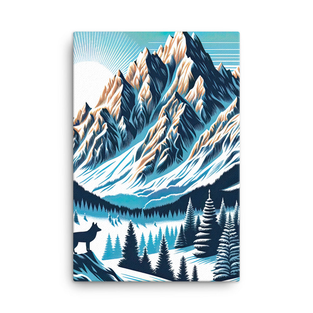 Vektorgrafik eines Wolfes im winterlichen Alpenmorgen, Berge mit Schnee- und Felsmustern - Leinwand berge xxx yyy zzz 61 x 91.4 cm