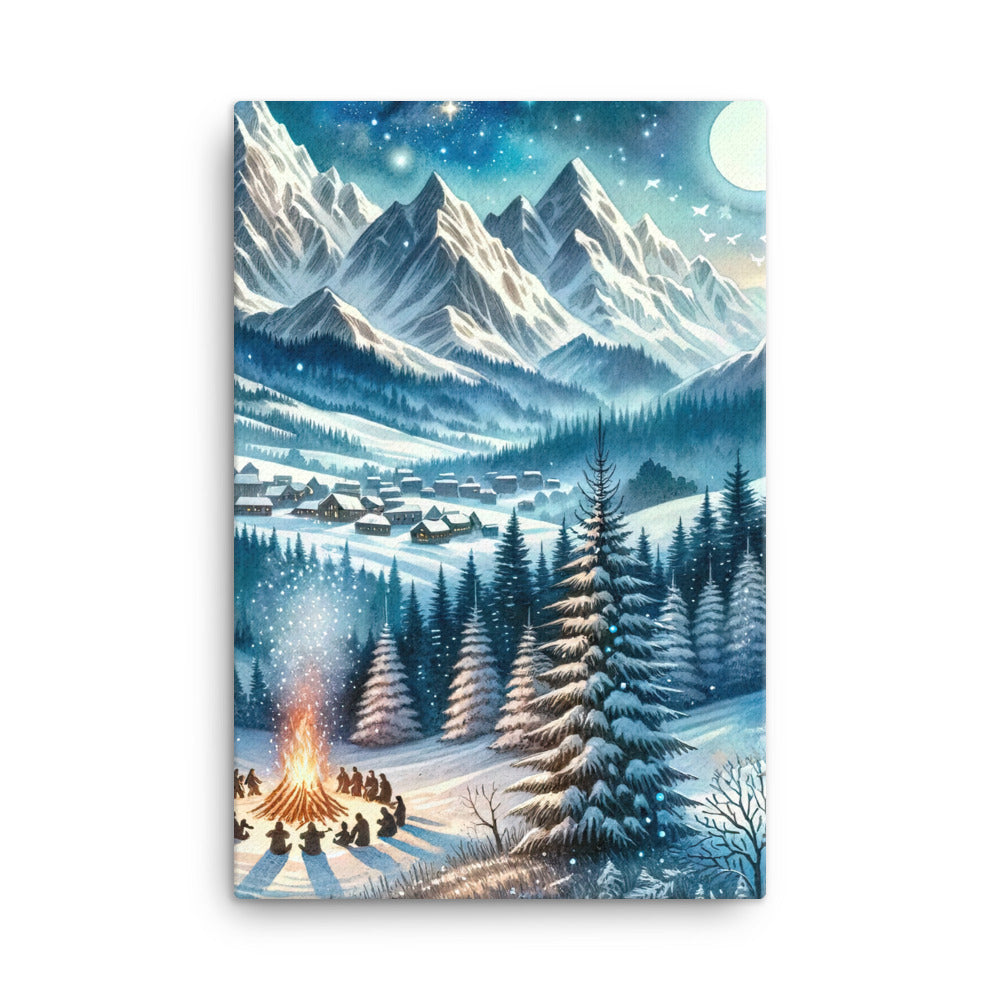 Aquarell eines Winterabends in den Alpen mit Lagerfeuer und Wanderern, glitzernder Neuschnee - Leinwand camping xxx yyy zzz 61 x 91.4 cm