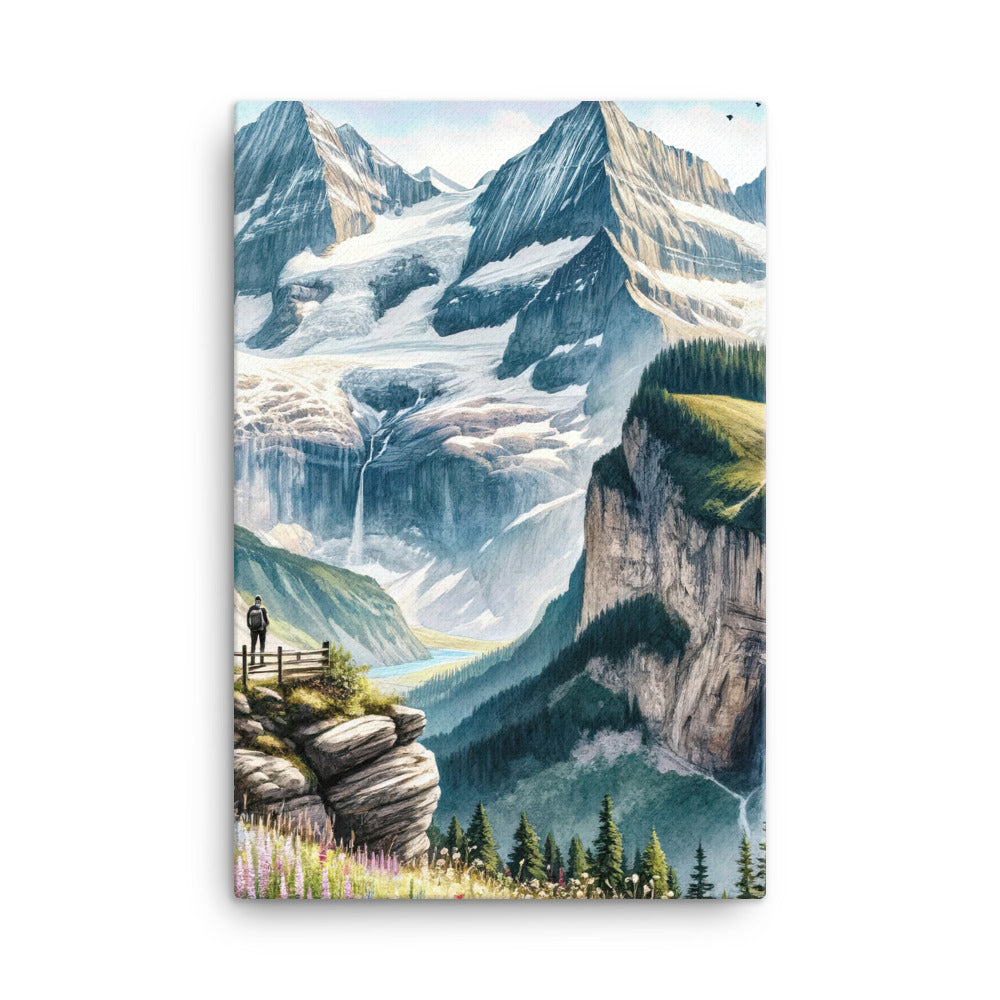 Aquarell-Panoramablick der Alpen mit schneebedeckten Gipfeln, Wasserfällen und Wanderern - Leinwand wandern xxx yyy zzz 61 x 91.4 cm
