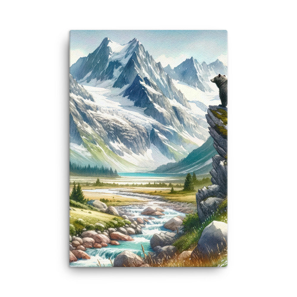 Aquarellmalerei eines Bären und der sommerlichen Alpenschönheit mit schneebedeckten Ketten - Leinwand camping xxx yyy zzz 61 x 91.4 cm