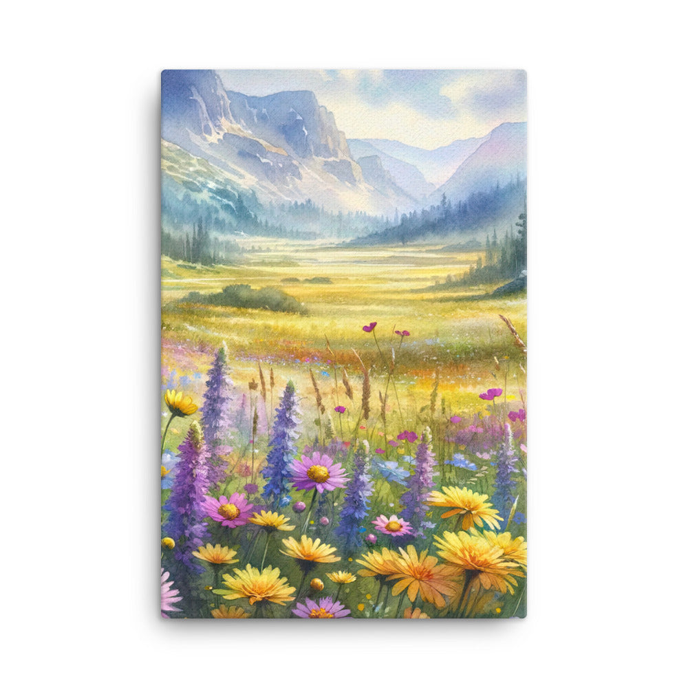 Aquarell einer Almwiese in Ruhe, Wildblumenteppich in Gelb, Lila, Rosa - Leinwand berge xxx yyy zzz 61 x 91.4 cm