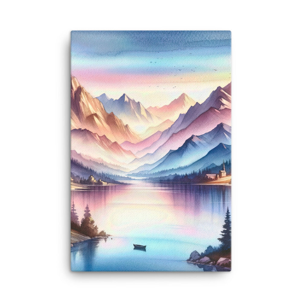 Aquarell einer Dämmerung in den Alpen, Boot auf einem See in Pastell-Licht - Leinwand berge xxx yyy zzz 61 x 91.4 cm