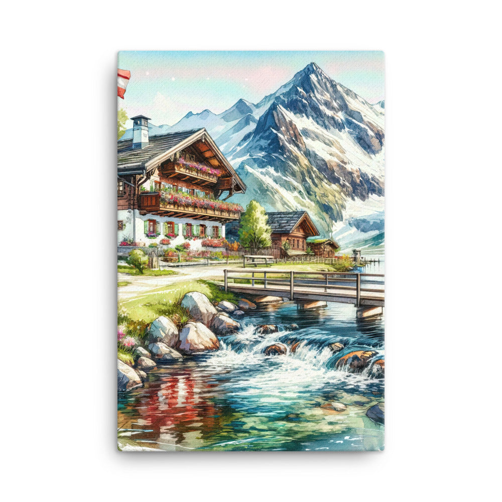 Aquarell der frühlingshaften Alpenkette mit österreichischer Flagge und schmelzendem Schnee - Leinwand berge xxx yyy zzz 61 x 91.4 cm
