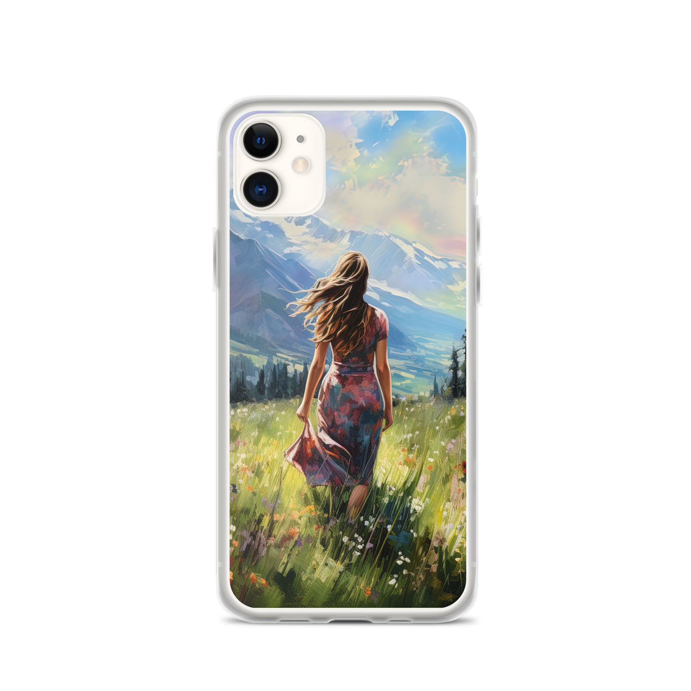 Frau mit langen Kleid im Feld mit Blumen - Berge im Hintergrund - Malerei - iPhone Schutzhülle (durchsichtig) berge xxx iPhone 11