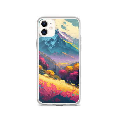 Berge, pinke und gelbe Bäume, sowie Blumen - Farbige Malerei - iPhone Schutzhülle (durchsichtig) berge xxx iPhone 11