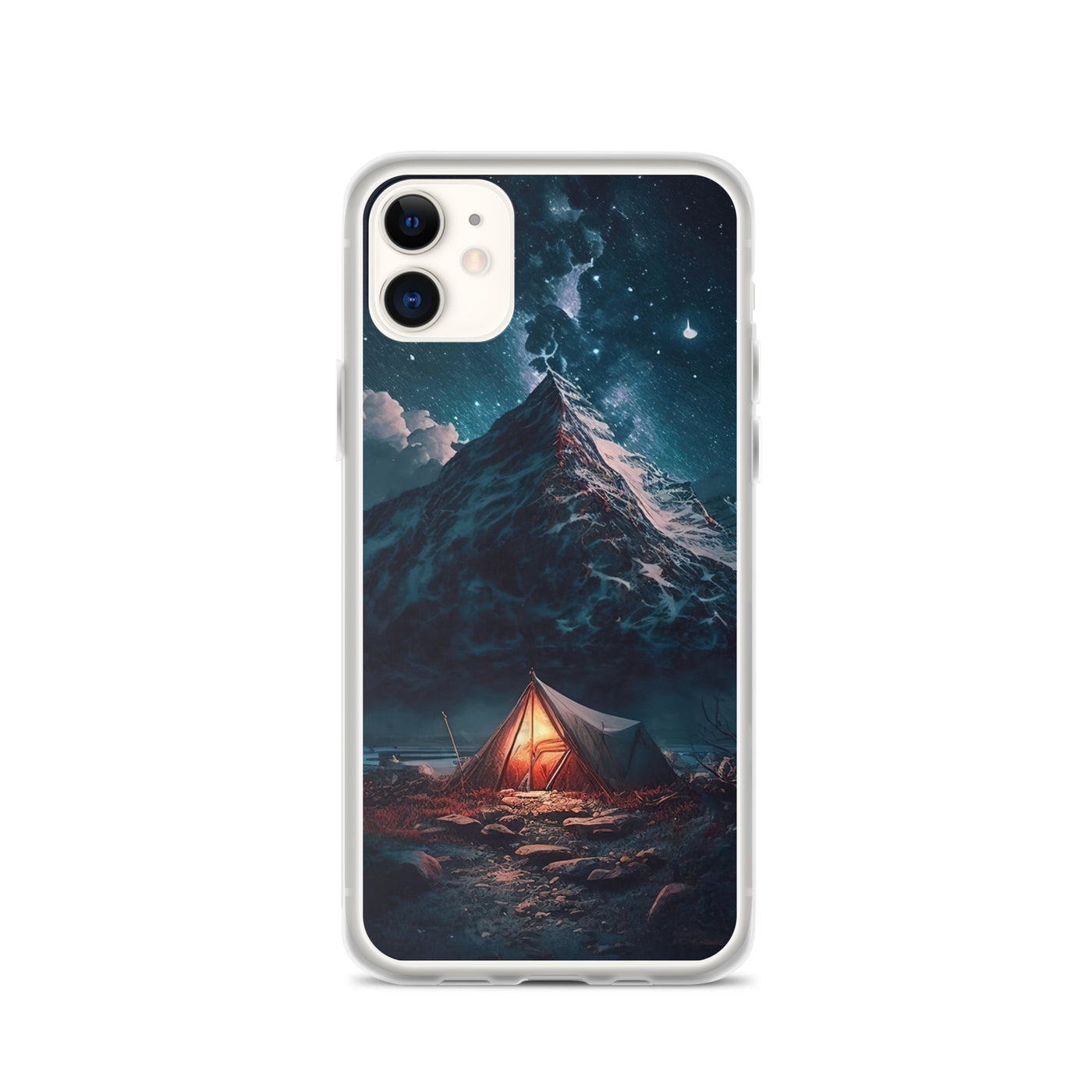 Zelt und Berg in der Nacht - Sterne am Himmel - Landschaftsmalerei - iPhone Schutzhülle (durchsichtig) camping xxx iPhone 11
