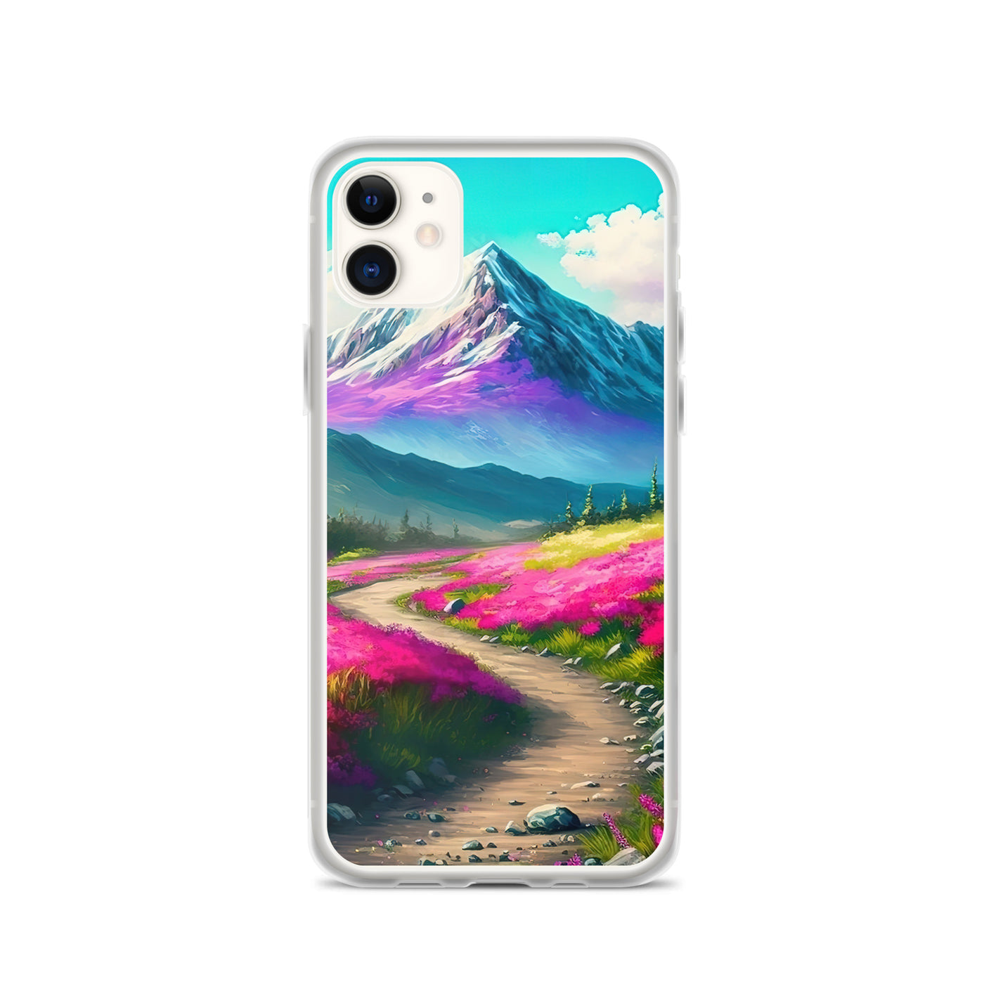 Berg, pinke Blumen und Wanderweg - Landschaftsmalerei - iPhone Schutzhülle (durchsichtig) berge xxx iPhone 11