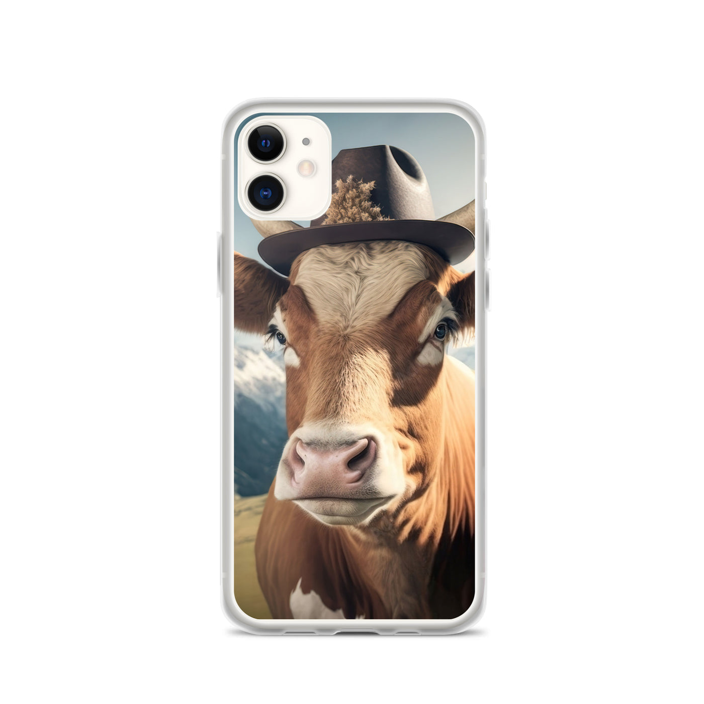 Kuh mit Hut in den Alpen - Berge im Hintergrund - Landschaftsmalerei - iPhone Schutzhülle (durchsichtig) berge xxx iPhone 11