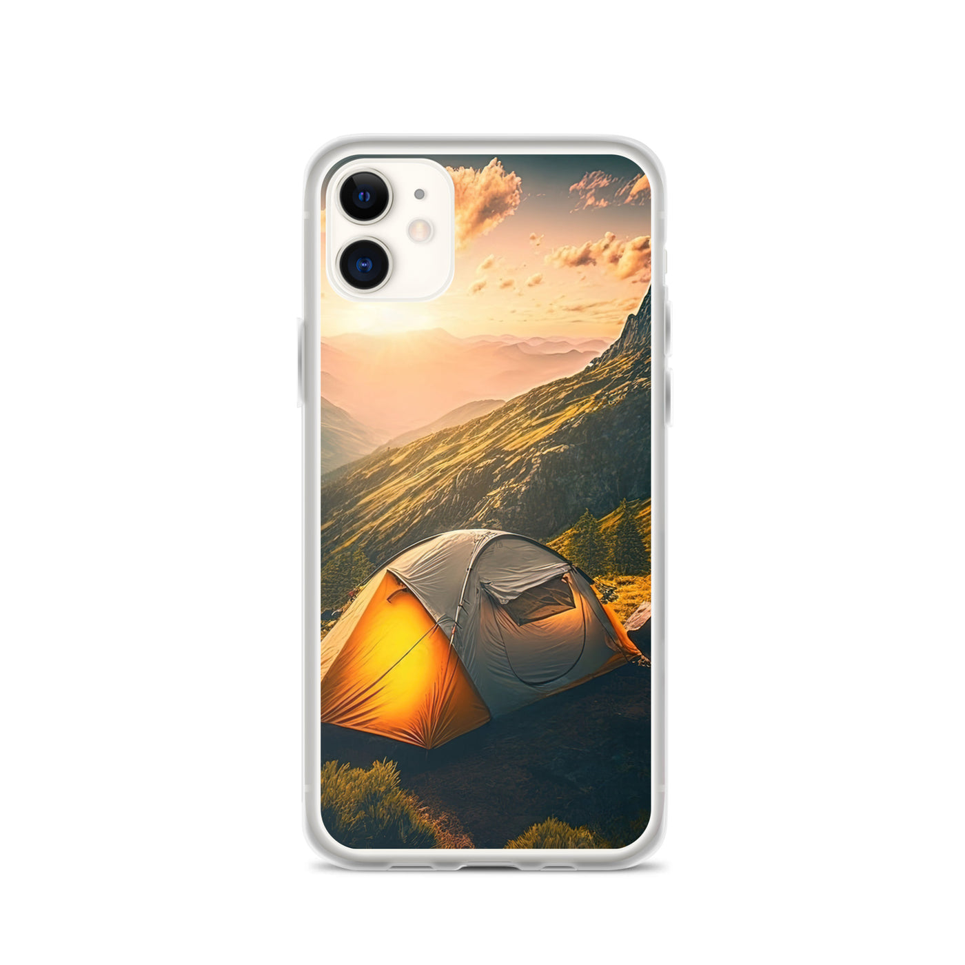 Zelt auf Berg im Sonnenaufgang - Landschafts - iPhone Schutzhülle (durchsichtig) camping xxx iPhone 11