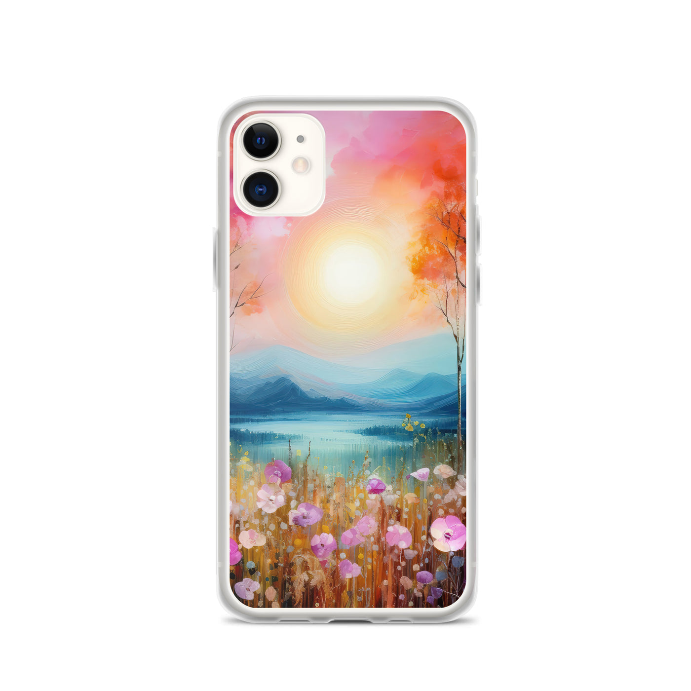 Berge, See, pinke Bäume und Blumen - Malerei - iPhone Schutzhülle (durchsichtig) berge xxx iPhone 11