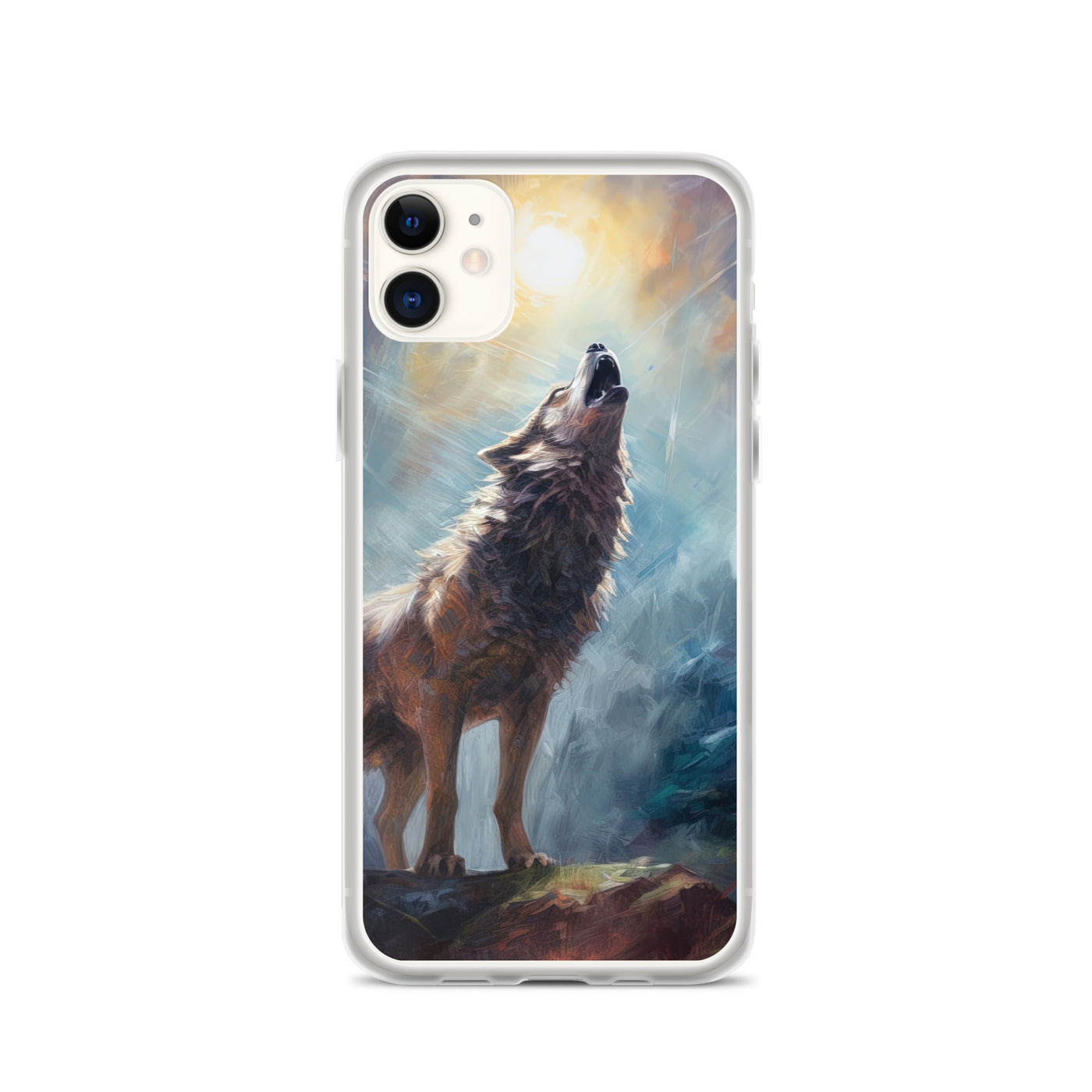 Heulender Wolf auf Berggipfel und Mond im Hintergrund – Abstrakte Malerei - iPhone Schutzhülle (durchsichtig) camping xxx iPhone 11