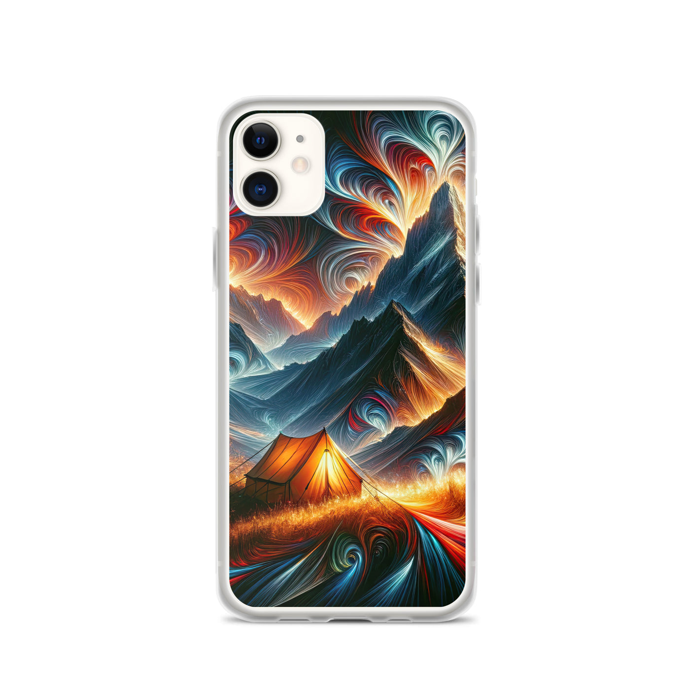 Abstrakte Kunst der Alpen, wo die Berge mit dynamischen Farben und Mustern pulsieren und eine Szene Energie schaffen - Schutzhülle camping xxx yyy zzz iPhone 11