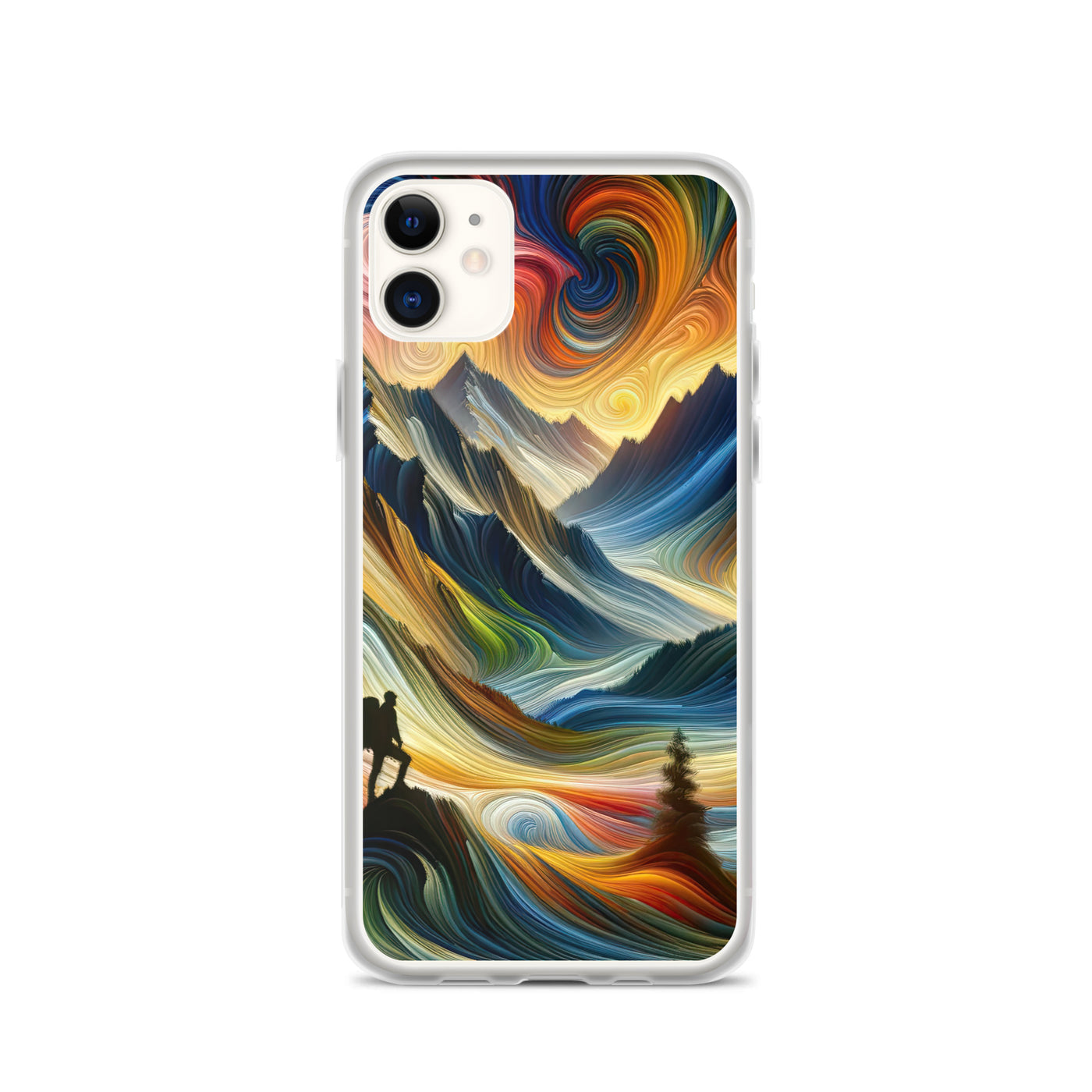 Abstraktes Kunstgemälde der Alpen mit wirbelnden, lebendigen Farben und dynamischen Mustern. Wanderer Silhouette - iPhone Schutzhülle (durchsichtig) wandern xxx yyy zzz iPhone 11