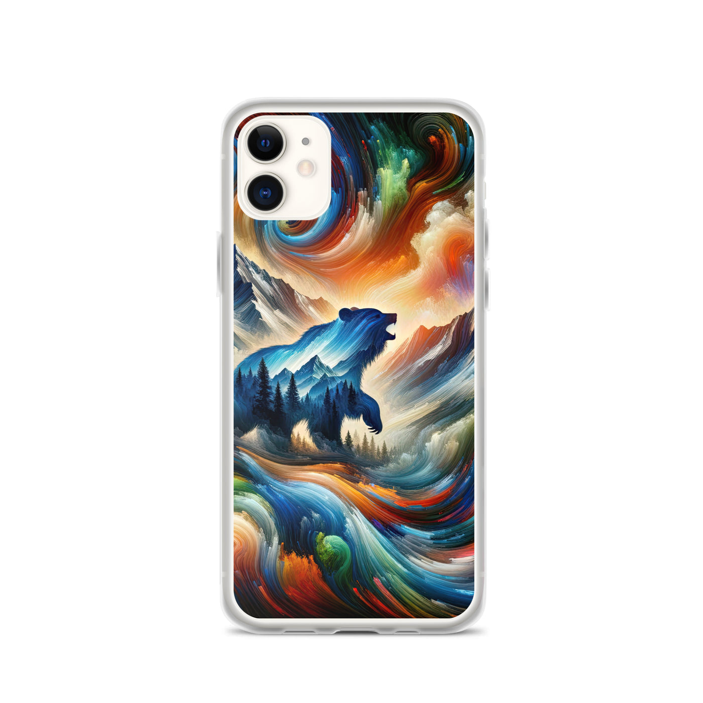 Lebendige Alpen und Bären Sillhouette über Berggipfel - Abstraktes Gemälde - iPhone Schutzhülle (durchsichtig) camping xxx yyy zzz iPhone 11