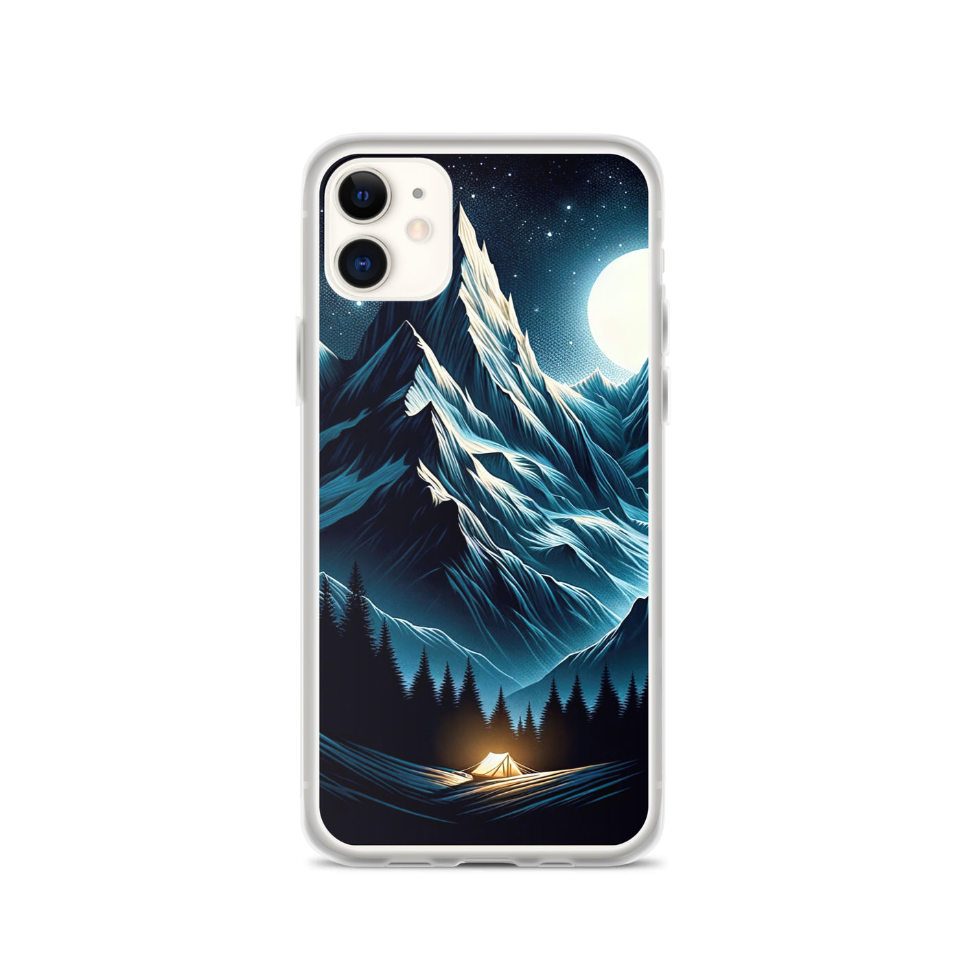 Alpennacht mit Zelt: Mondglanz auf Gipfeln und Tälern, sternenklarer Himmel - iPhone Schutzhülle (durchsichtig) berge xxx yyy zzz iPhone 11