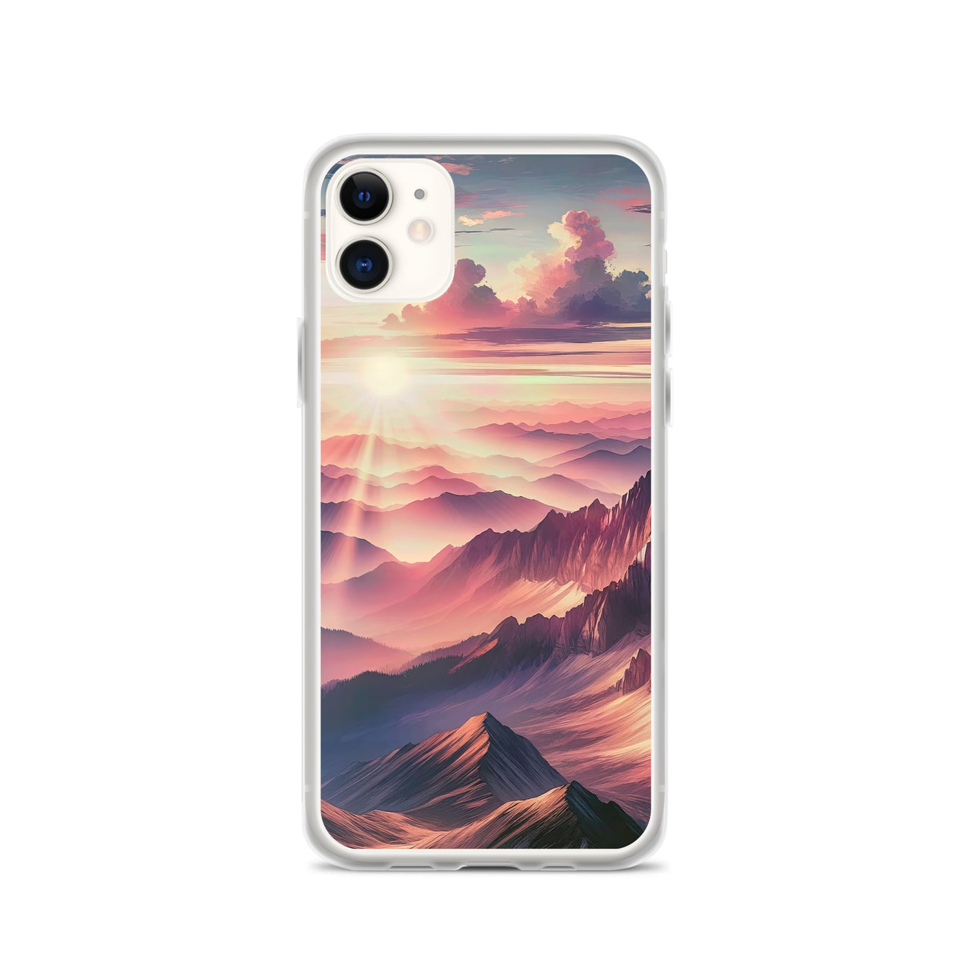 Schöne Berge bei Sonnenaufgang: Malerei in Pastelltönen - iPhone Schutzhülle (durchsichtig) berge xxx yyy zzz iPhone 11