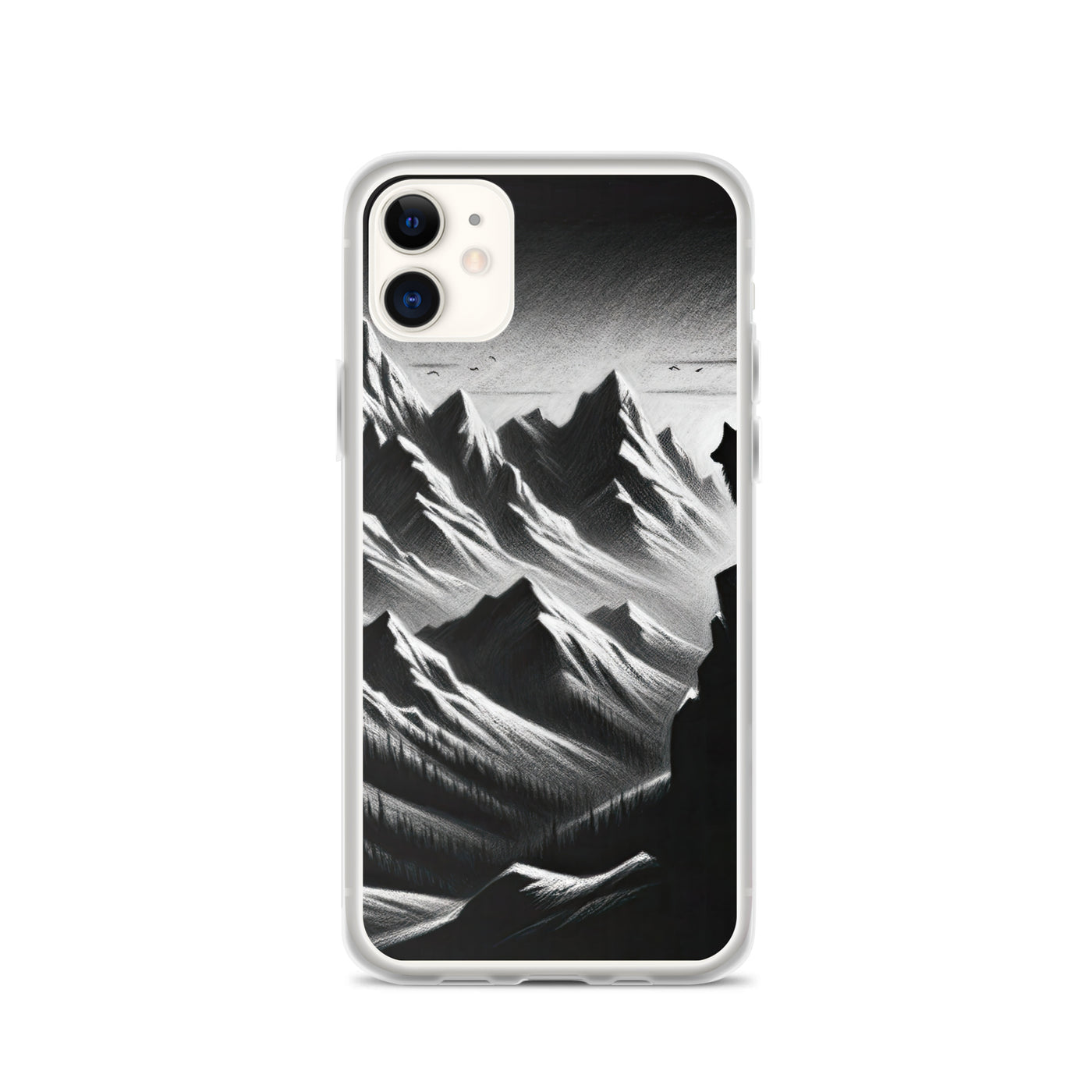 Kohlezeichnung, die die stille Stille der Alpen in der Winterdämmerung verkörpert. Wolf auf einem Berghügel (AN) - iPhone Schutzhülle (durchsichtig) xxx yyy zzz iPhone 11