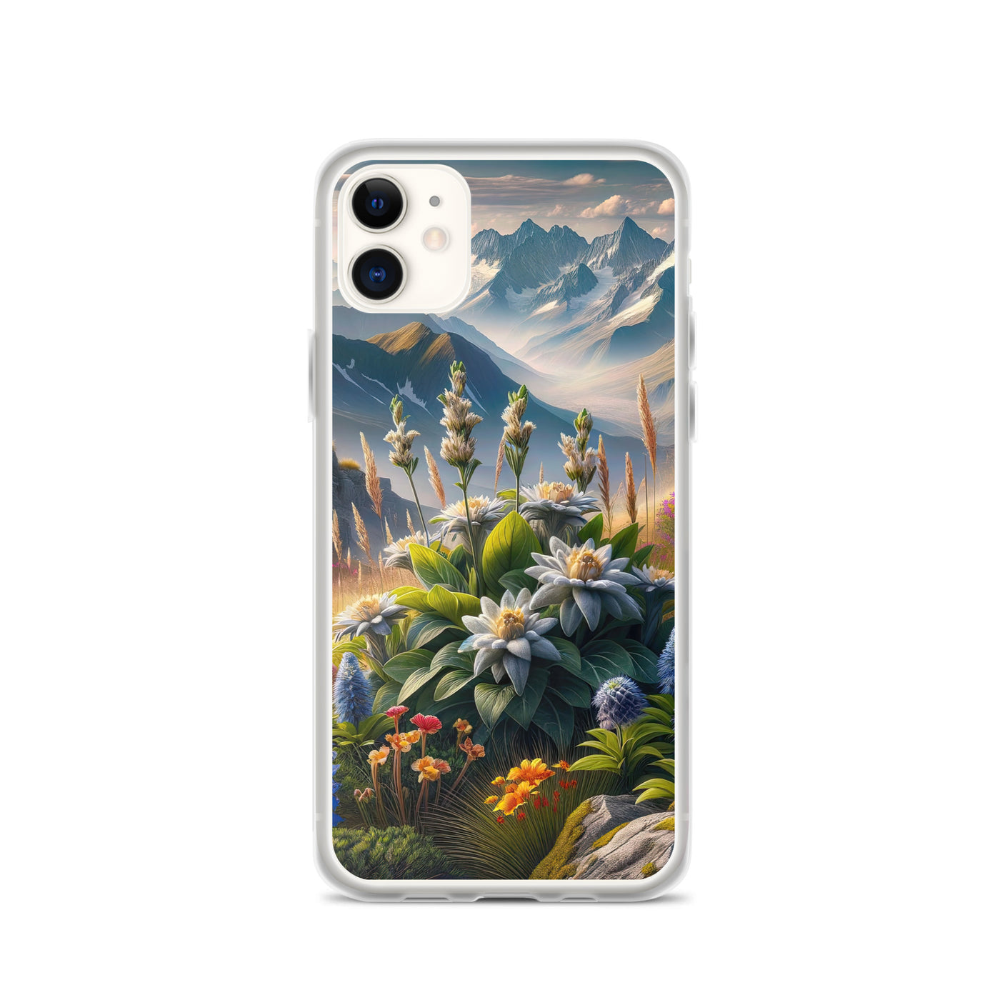 Alpine Flora: Digitales Kunstwerk mit lebendigen Blumen - iPhone Schutzhülle (durchsichtig) berge xxx yyy zzz iPhone 11