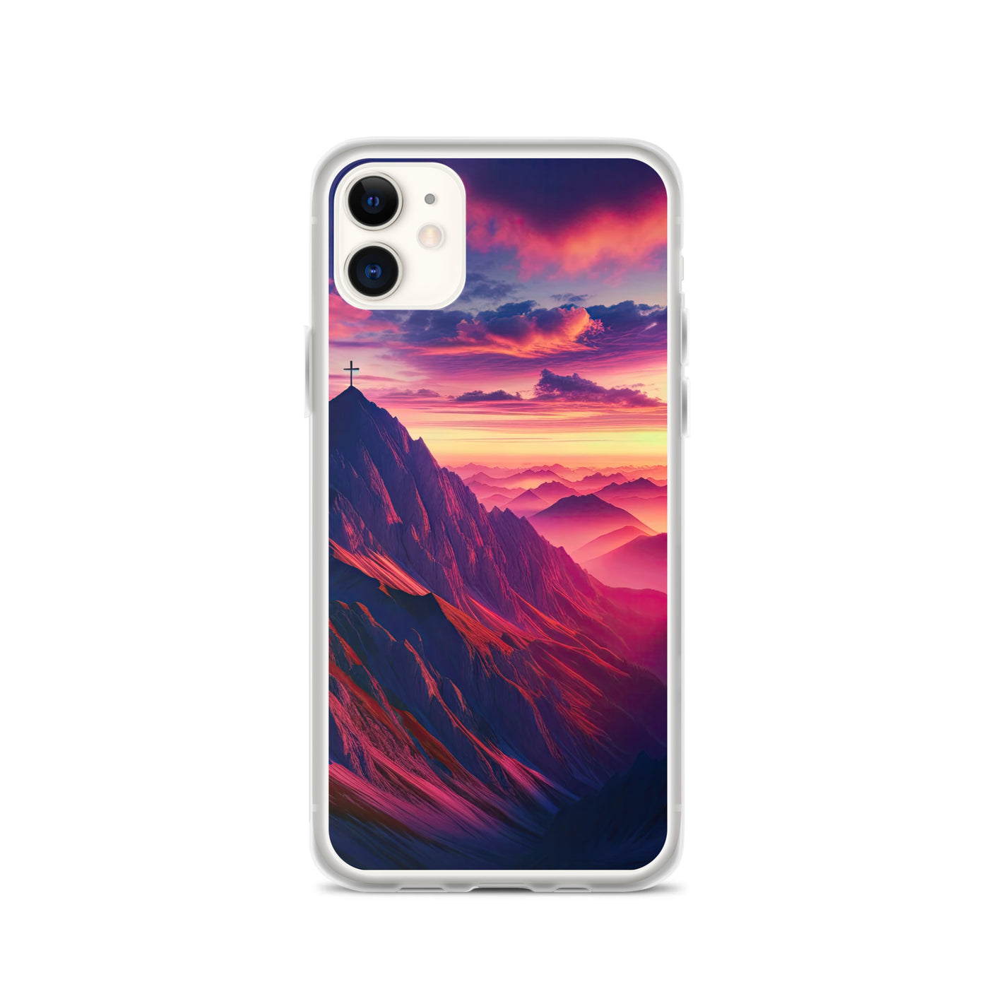 Dramatischer Alpen-Sonnenaufgang, Gipfelkreuz und warme Himmelsfarben - iPhone Schutzhülle (durchsichtig) berge xxx yyy zzz iPhone 11