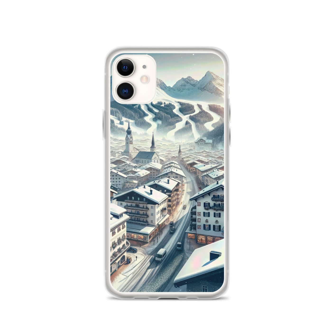 Winter in Kitzbühel: Digitale Malerei von schneebedeckten Dächern - iPhone Schutzhülle (durchsichtig) berge xxx yyy zzz iPhone 11