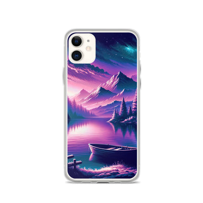 Magische Alpen-Dämmerung, rosa-lila Himmel und Bergsee mit Boot - iPhone Schutzhülle (durchsichtig) berge xxx yyy zzz iPhone 11