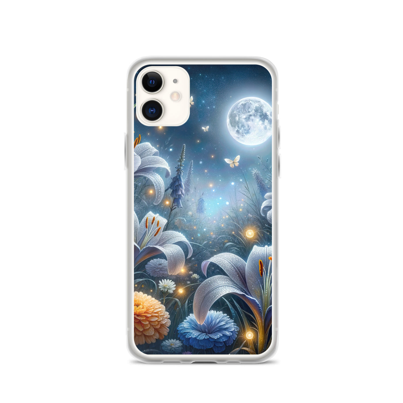 Ätherische Mondnacht auf blühender Wiese, silbriger Blumenglanz - iPhone Schutzhülle (durchsichtig) camping xxx yyy zzz iPhone 11