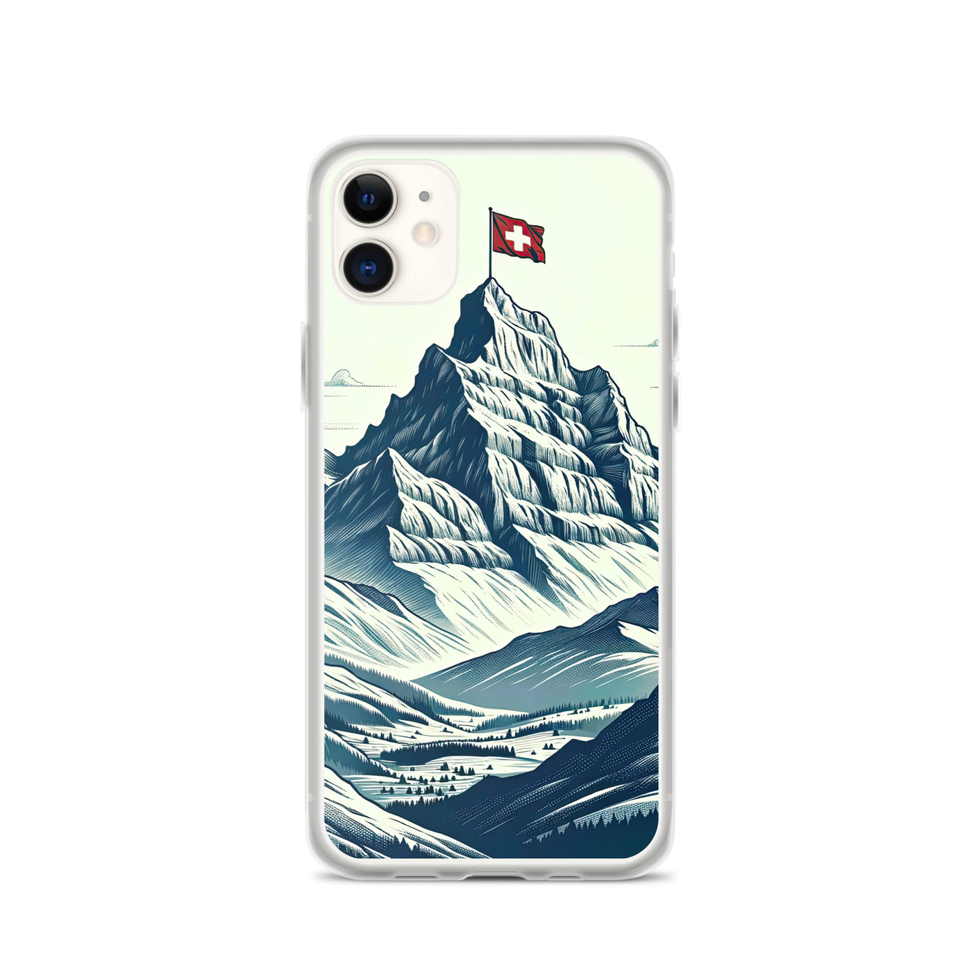 Ausgedehnte Bergkette mit dominierendem Gipfel und wehender Schweizer Flagge - iPhone Schutzhülle (durchsichtig) berge xxx yyy zzz iPhone 11