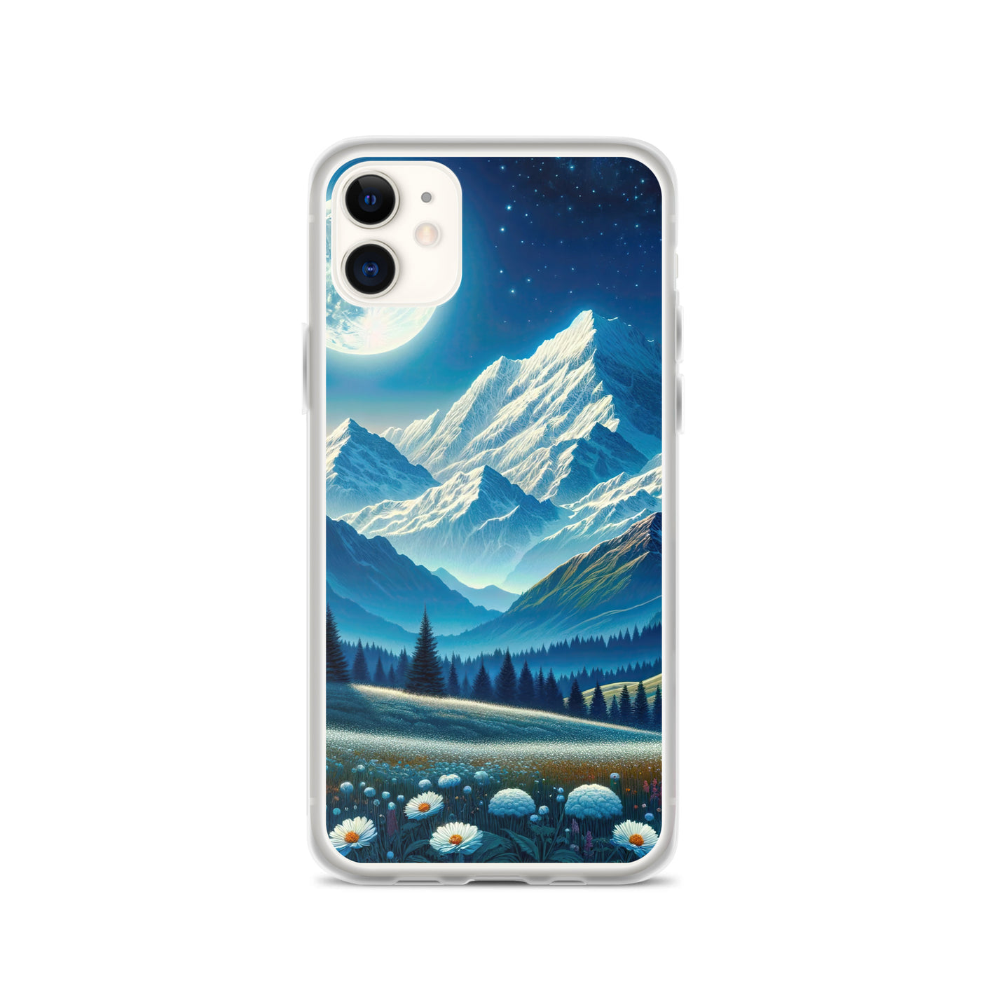 Klare frühlingshafte Alpennacht mit Blumen und Vollmond über Schneegipfeln - iPhone Schutzhülle (durchsichtig) berge xxx yyy zzz iPhone 11