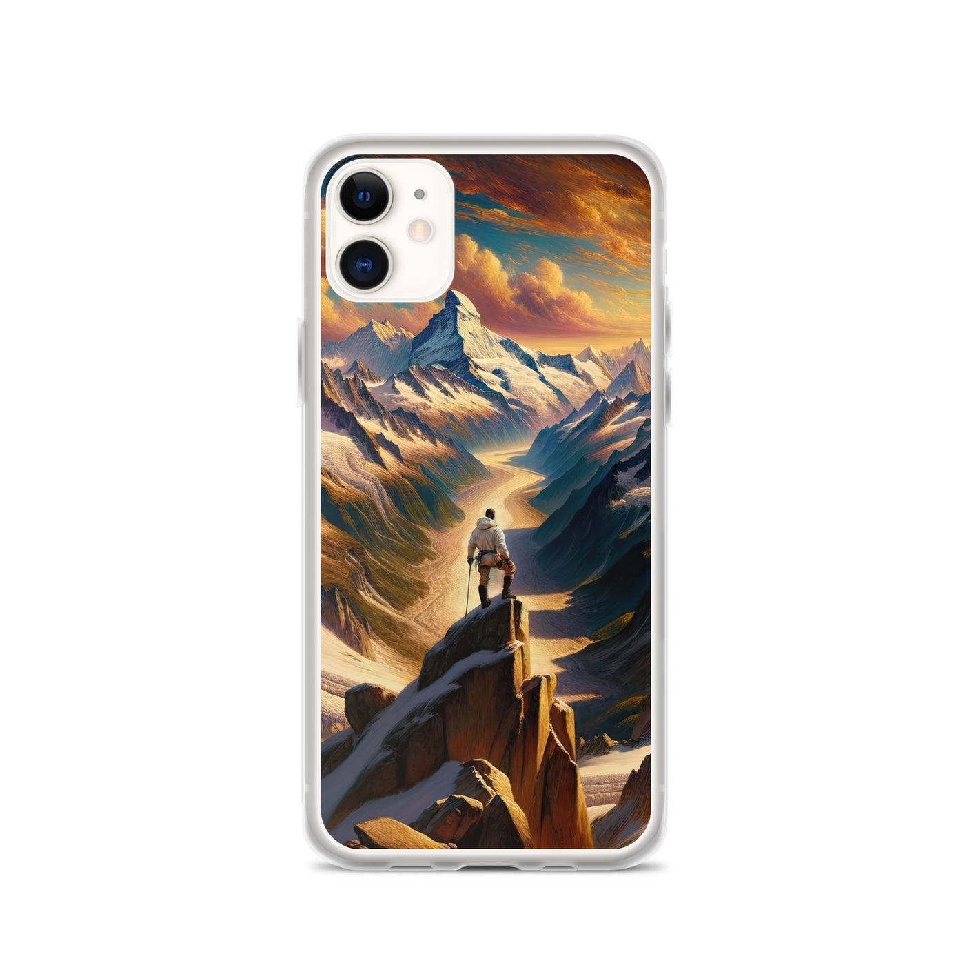 Ölgemälde eines Wanderers auf einem Hügel mit Panoramablick auf schneebedeckte Alpen und goldenen Himmel - iPhone Schutzhülle (durchsichtig) wandern xxx yyy zzz iPhone 11