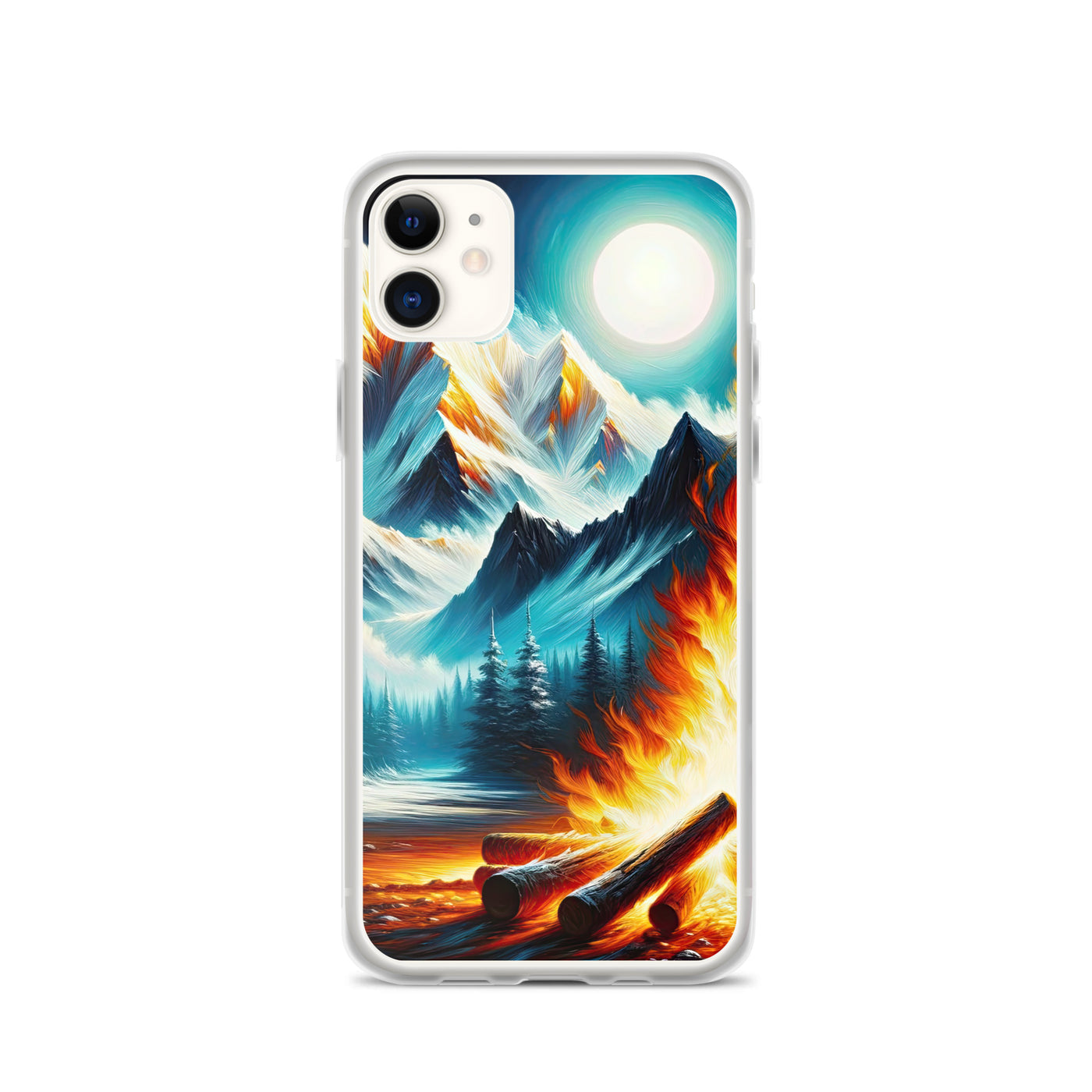 Ölgemälde von Feuer und Eis: Lagerfeuer und Alpen im Kontrast, warme Flammen - iPhone Schutzhülle (durchsichtig) camping xxx yyy zzz iPhone 11