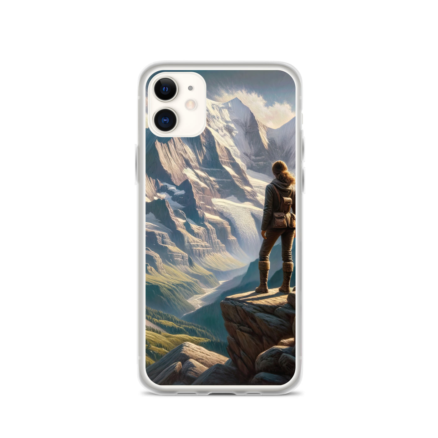 Ölgemälde der Alpengipfel mit Schweizer Abenteurerin auf Felsvorsprung - iPhone Schutzhülle (durchsichtig) wandern xxx yyy zzz iPhone 11