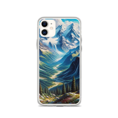Panorama-Ölgemälde der Alpen mit schneebedeckten Gipfeln und schlängelnden Flusstälern - iPhone Schutzhülle (durchsichtig) berge xxx yyy zzz iPhone 11