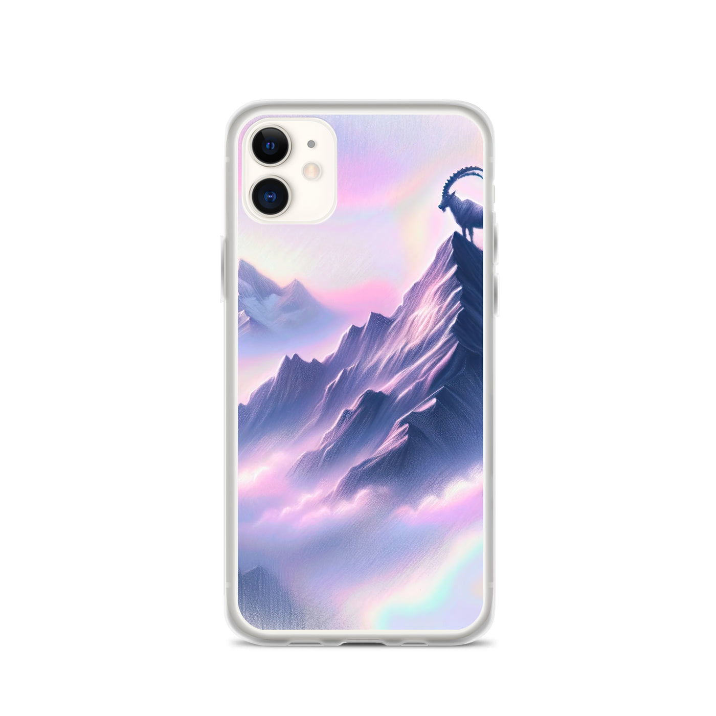 Pastellzeichnung der Alpen im Morgengrauen mit Steinbock in Rosa- und Lavendeltönen - iPhone Schutzhülle (durchsichtig) berge xxx yyy zzz iPhone 11