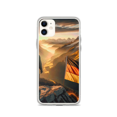 Foto der Alpen bei Sonnenuntergang mit deutscher Flagge und Wanderer, goldenes Licht auf Schneegipfeln - iPhone Schutzhülle (durchsichtig) berge xxx yyy zzz iPhone 11