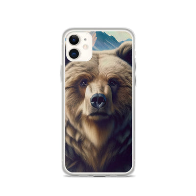 Foto eines Bären vor abstrakt gemalten Alpenbergen, Oberkörper im Fokus - iPhone Schutzhülle (durchsichtig) camping xxx yyy zzz iPhone 11