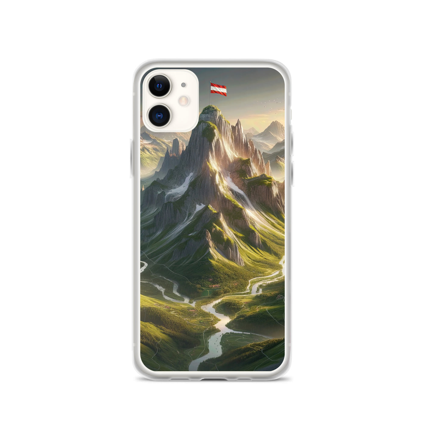 Fotorealistisches Bild der Alpen mit österreichischer Flagge, scharfen Gipfeln und grünen Tälern - iPhone Schutzhülle (durchsichtig) berge xxx yyy zzz iPhone 11