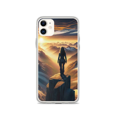 Fotorealistische Darstellung der Alpen bei Sonnenaufgang, Wanderin unter einem gold-purpurnen Himmel - iPhone Schutzhülle (durchsichtig) wandern xxx yyy zzz iPhone 11