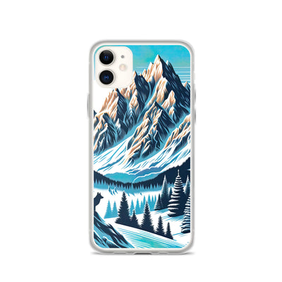 Vektorgrafik eines Wolfes im winterlichen Alpenmorgen, Berge mit Schnee- und Felsmustern - iPhone Schutzhülle (durchsichtig) berge xxx yyy zzz iPhone 11