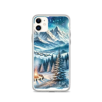 Aquarell eines Winterabends in den Alpen mit Lagerfeuer und Wanderern, glitzernder Neuschnee - iPhone Schutzhülle (durchsichtig) camping xxx yyy zzz iPhone 11