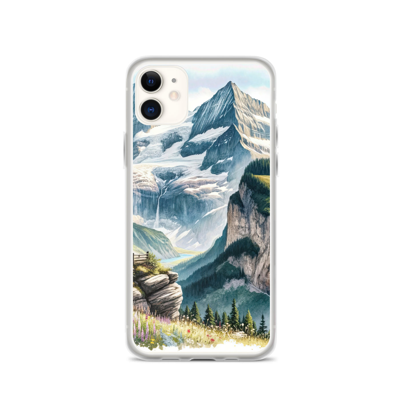 Aquarell-Panoramablick der Alpen mit schneebedeckten Gipfeln, Wasserfällen und Wanderern - iPhone Schutzhülle (durchsichtig) wandern xxx yyy zzz iPhone 11