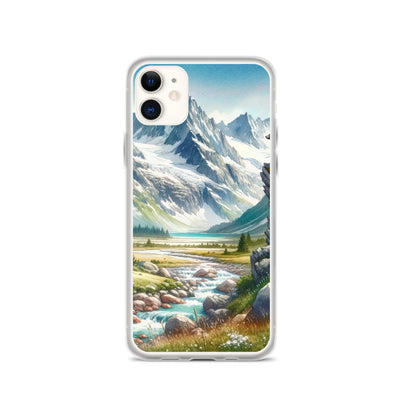 Aquarellmalerei eines Bären und der sommerlichen Alpenschönheit mit schneebedeckten Ketten - iPhone Schutzhülle (durchsichtig) camping xxx yyy zzz iPhone 11
