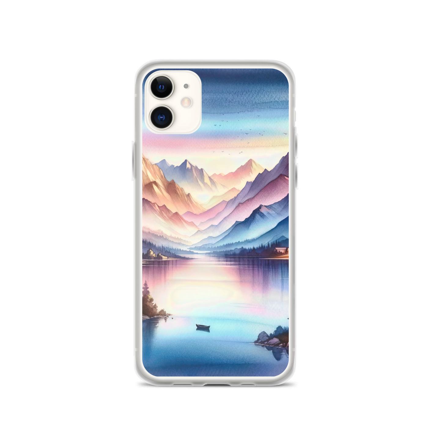 Aquarell einer Dämmerung in den Alpen, Boot auf einem See in Pastell-Licht - iPhone Schutzhülle (durchsichtig) berge xxx yyy zzz iPhone 11