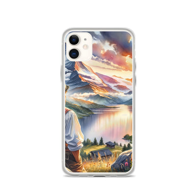 Aquarell einer Berglandschaft in der goldenen Stunde mit österreichischem Wanderer - iPhone Schutzhülle (durchsichtig) wandern xxx yyy zzz iPhone 11