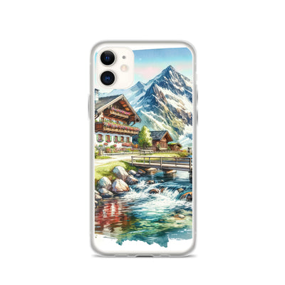 Aquarell der frühlingshaften Alpenkette mit österreichischer Flagge und schmelzendem Schnee - iPhone Schutzhülle (durchsichtig) berge xxx yyy zzz iPhone 11